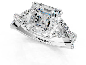 White gold Asscher Solitaire Twist Band with Pavé Setting and Four-Prong Setting_79