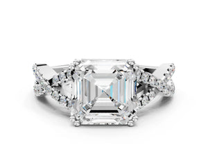 White gold Asscher Solitaire Twist Band with Pavé Setting and Four-Prong Setting_90