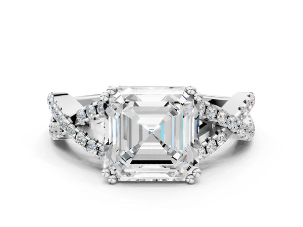 White gold Asscher Solitaire Twist Band with Pavé Setting and Four-Prong Setting_90