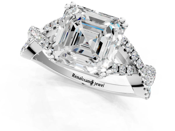 White gold Asscher Solitaire Twist Band with Pavé Setting and Four-Prong Setting_91