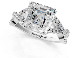 White gold Asscher Solitaire Twist Band with Pavé Setting and Four-Prong Setting_91