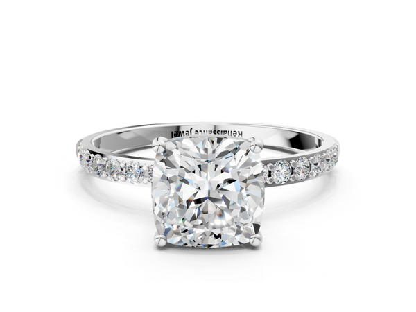 White gold Cushion Cut Diamond Pavé Band Solitaire Ring with Four-Prong Setting_114