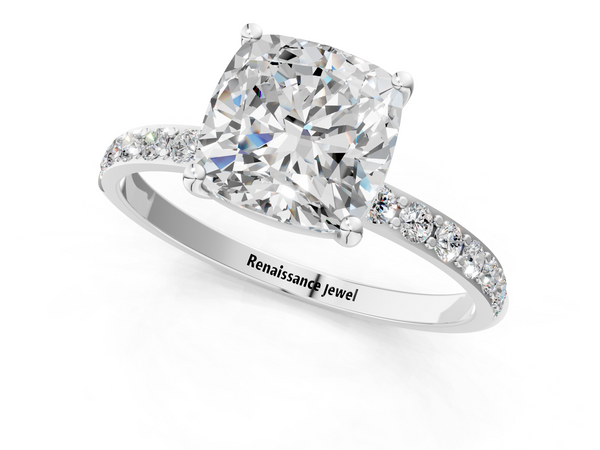 White gold Cushion Cut Diamond Pavé Band Solitaire Ring with Four-Prong Setting_115