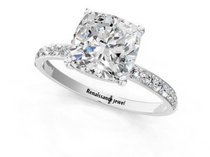 White gold Cushion Cut Diamond Pavé Band Solitaire Ring with Four-Prong Setting_13