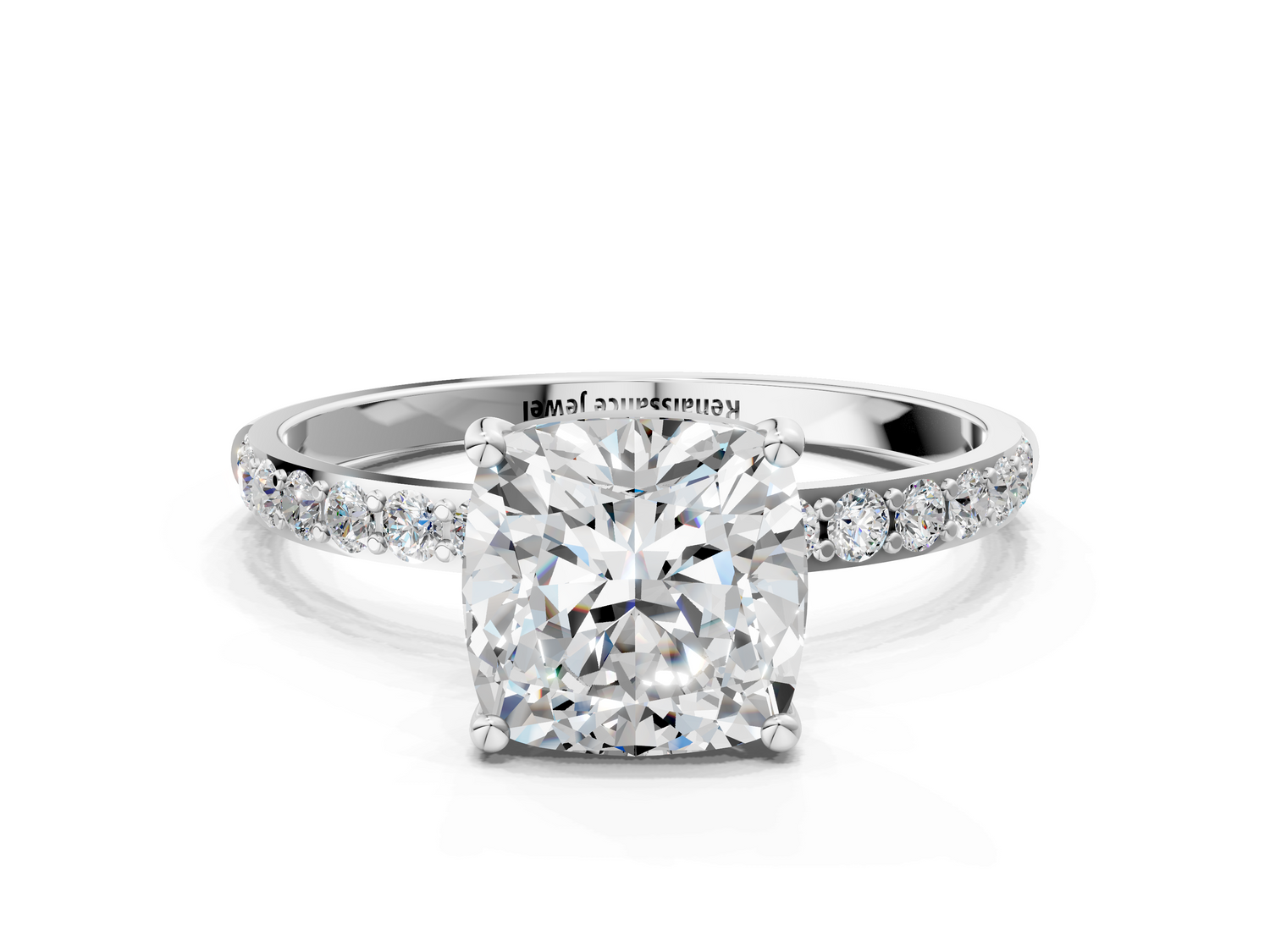 White gold Cushion Cut Diamond Pavé Band Solitaire Ring with Four-Prong Setting