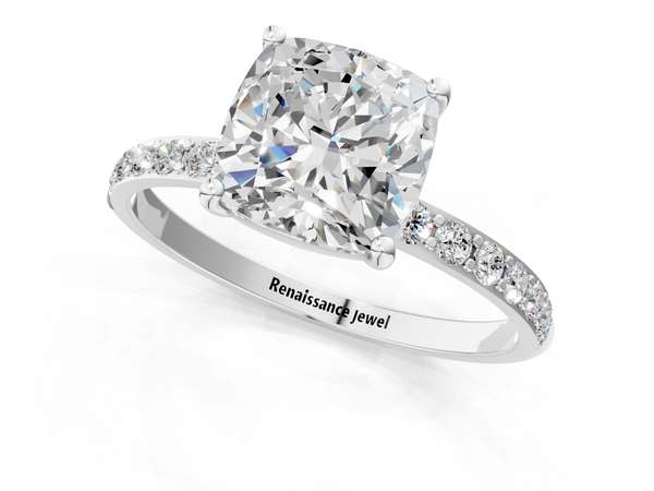 White gold Cushion Cut Diamond Pavé Band Solitaire Ring with Four-Prong Setting_61