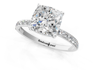 White gold Cushion Cut Diamond Pavé Band Solitaire Ring with Four-Prong Setting_67