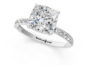White gold Cushion Cut Diamond Pavé Band Solitaire Ring with Four-Prong Setting_97