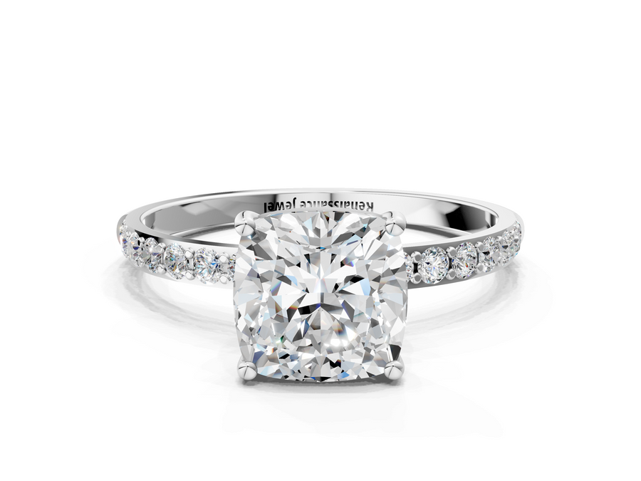 Silver Cushion Cut Diamond Pavé Band Solitaire Ring with Four-Prong Setting