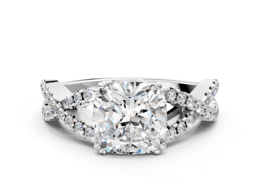 Platinum Cushion Solitaire Twist Band with Pavé Setting and Four-Prong Setting