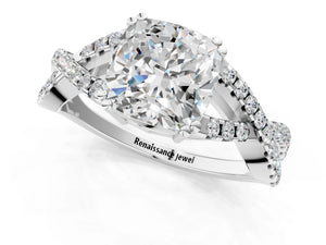 White gold Cushion Solitaire Twist Band with Pavé Setting and Four-Prong Setting_61