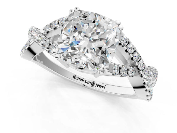 White gold Cushion Solitaire Twist Band with Pavé Setting and Four-Prong Setting_73