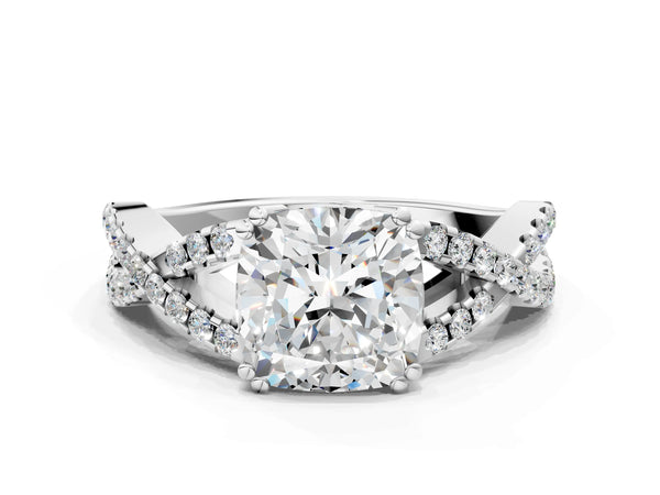White gold Cushion Solitaire Twist Band with Pavé Setting and Four-Prong Setting_90