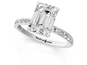 White gold Emerald Cut Diamond Pavé Band Solitaire Ring with Four-Prong Setting_109