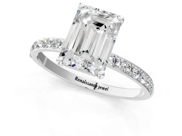 White gold Emerald Cut Diamond Pavé Band Solitaire Ring with Four-Prong Setting_109