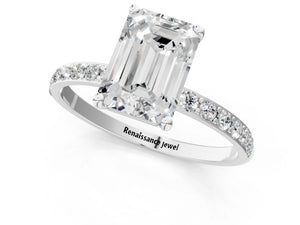 White gold Emerald Cut Diamond Pavé Band Solitaire Ring with Four-Prong Setting_13