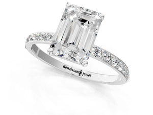 White gold Emerald Cut Diamond Pavé Band Solitaire Ring with Four-Prong Setting_19