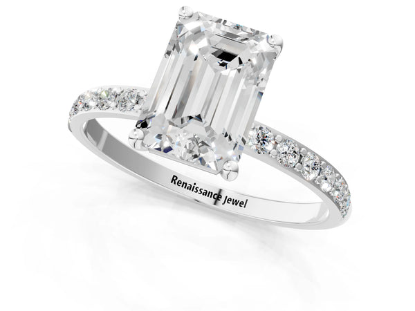 White gold Emerald Cut Diamond Pavé Band Solitaire Ring with Four-Prong Setting_19