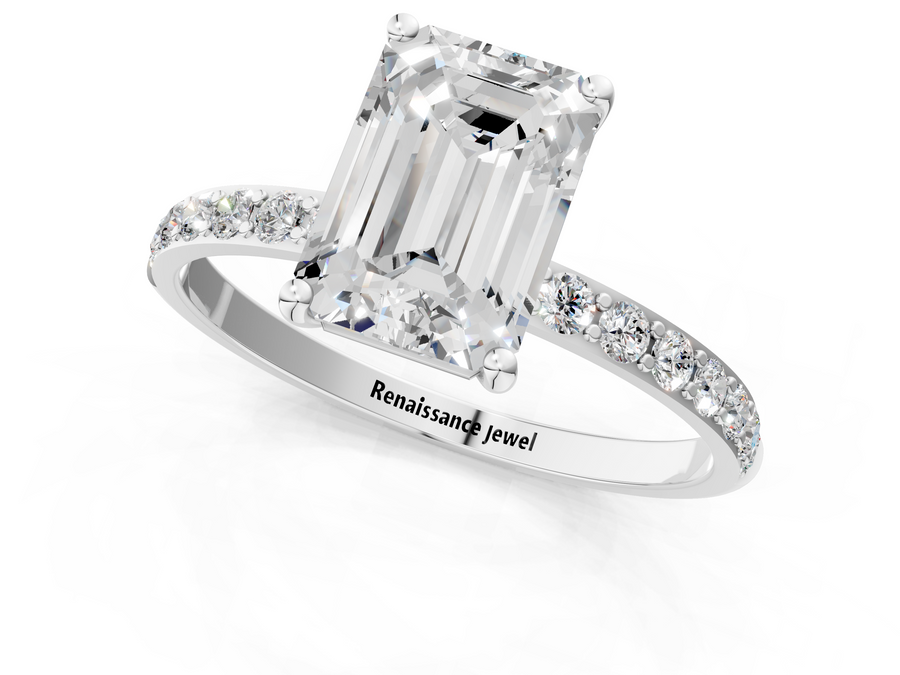 Silver Emerald Cut Diamond Pavé Band Solitaire Ring with Four-Prong Setting