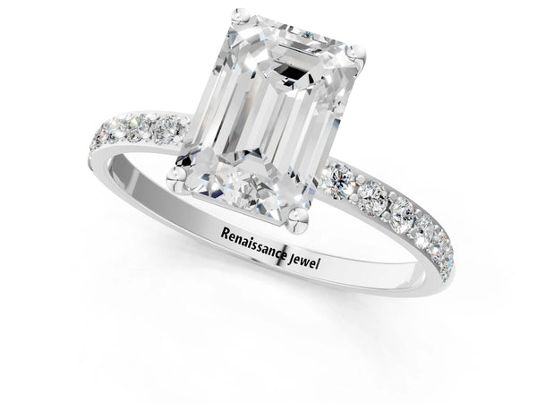 White gold Emerald Cut Diamond Pavé Band Solitaire Ring with Four-Prong Setting_31