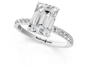 White gold Emerald Cut Diamond Pavé Band Solitaire Ring with Four-Prong Setting_49