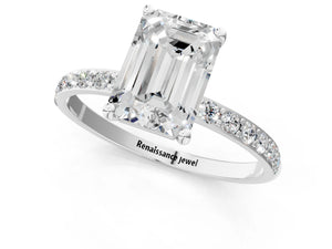 White gold Emerald Cut Diamond Pavé Band Solitaire Ring with Four-Prong Setting_61