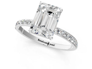 White gold Emerald Cut Diamond Pavé Band Solitaire Ring with Four-Prong Setting_97
