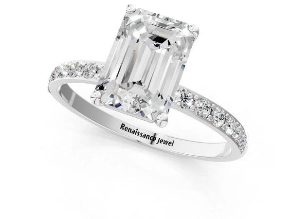 White gold Emerald Cut Diamond Pavé Band Solitaire Ring with Four-Prong Setting_97