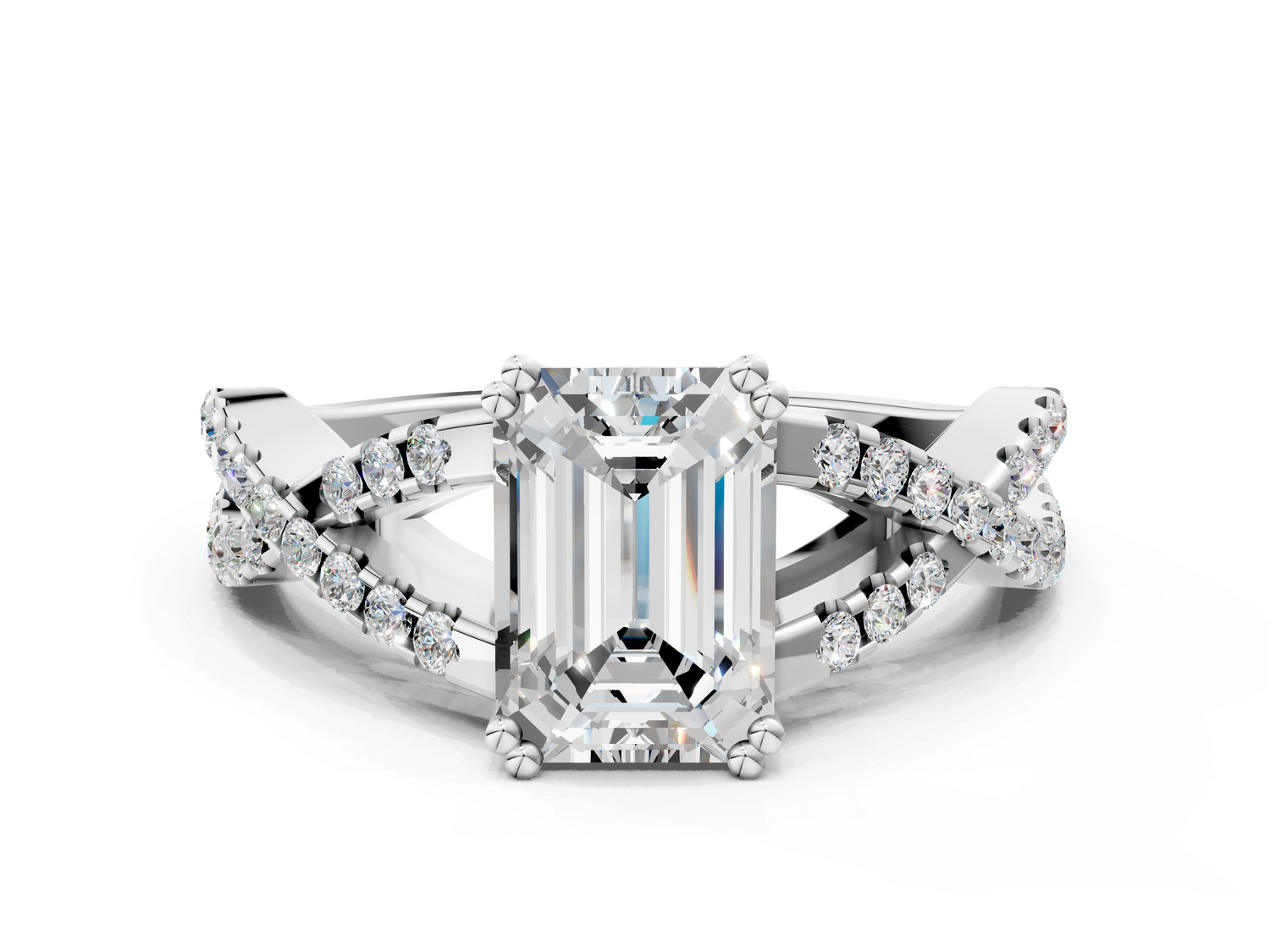 White gold Emerald Solitaire Twist Band with Pavé Setting and Four-Prong Setting