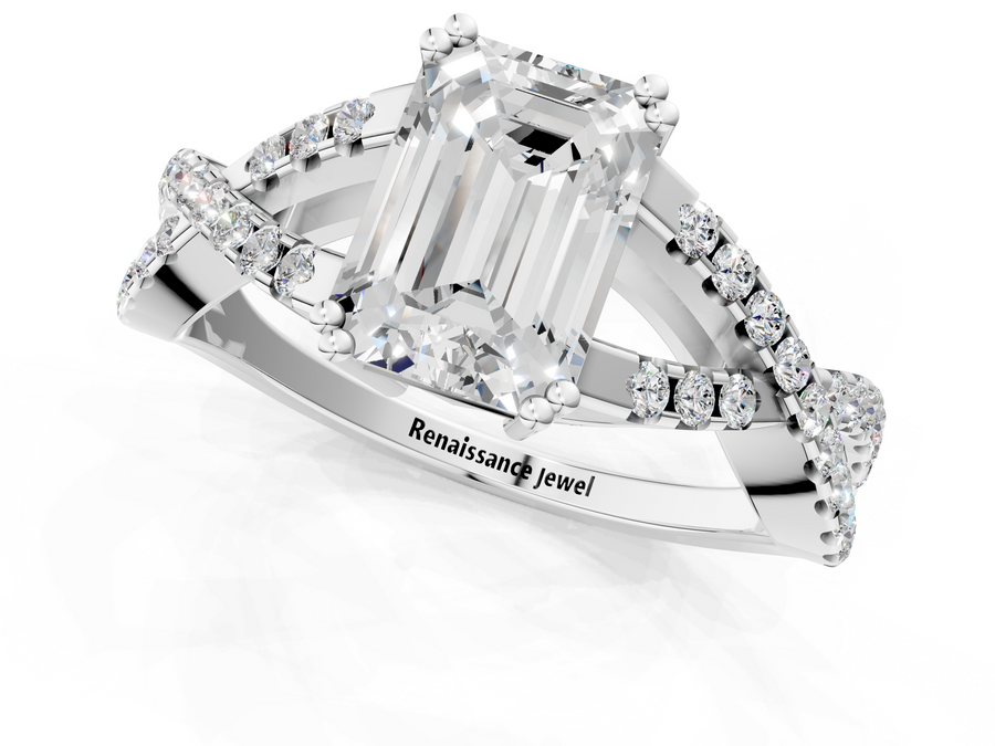 Platinum Emerald Solitaire Twist Band with Pavé Setting and Four-Prong Setting