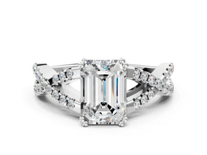 White gold Emerald Solitaire Twist Band with Pavé Setting and Four-Prong Setting_18