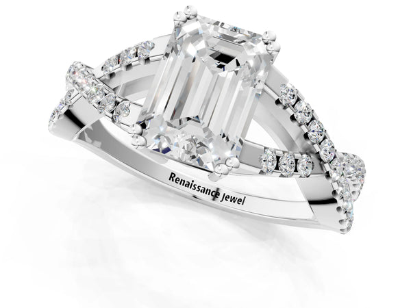 White gold Emerald Solitaire Twist Band with Pavé Setting and Four-Prong Setting_19