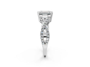 White gold Emerald Solitaire Twist Band with Pavé Setting and Four-Prong Setting_26