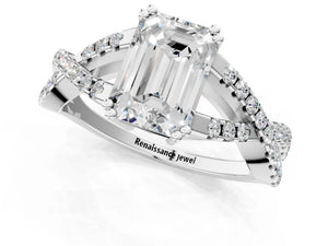 White gold Emerald Solitaire Twist Band with Pavé Setting and Four-Prong Setting_31