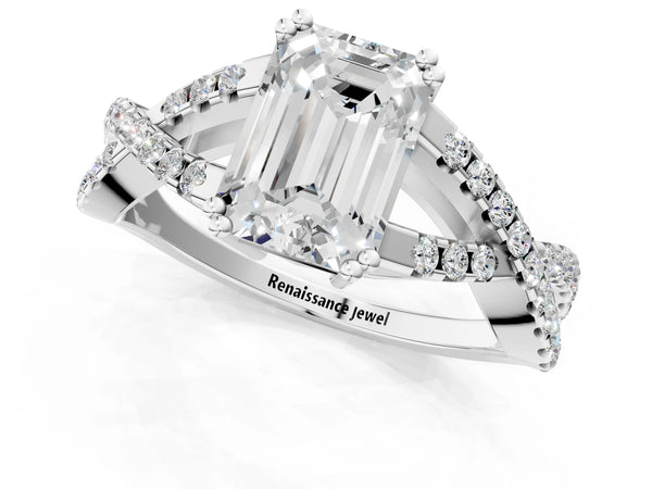 White gold Emerald Solitaire Twist Band with Pavé Setting and Four-Prong Setting_31
