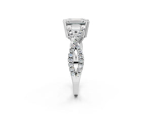 White gold Emerald Solitaire Twist Band with Pavé Setting and Four-Prong Setting_44
