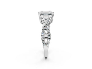 White gold Emerald Solitaire Twist Band with Pavé Setting and Four-Prong Setting_50
