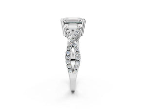 White gold Emerald Solitaire Twist Band with Pavé Setting and Four-Prong Setting_56