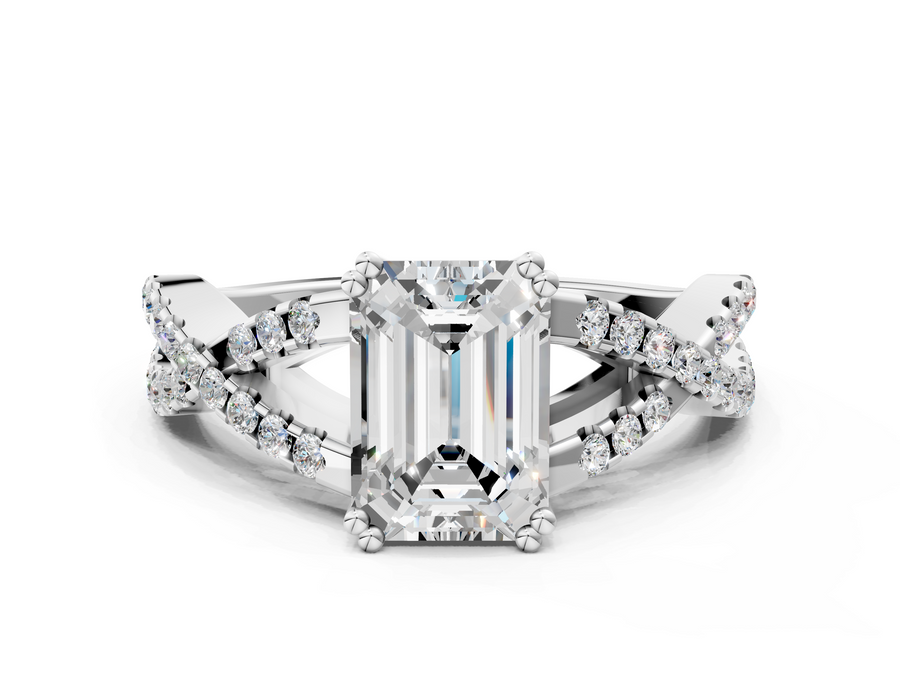White gold Emerald Solitaire Twist Band with Pavé Setting and Four-Prong Setting