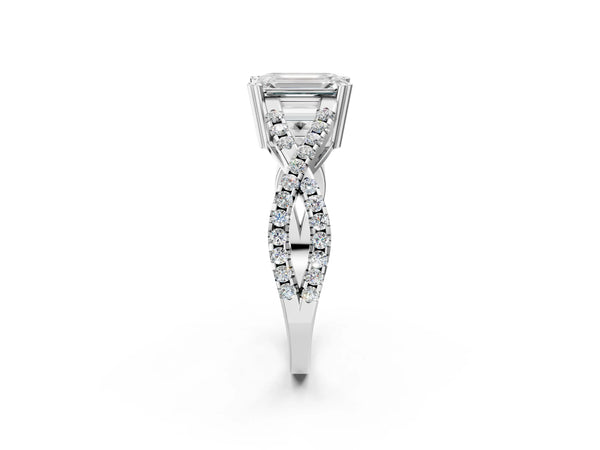 White gold Emerald Solitaire Twist Band with Pavé Setting and Four-Prong Setting_62