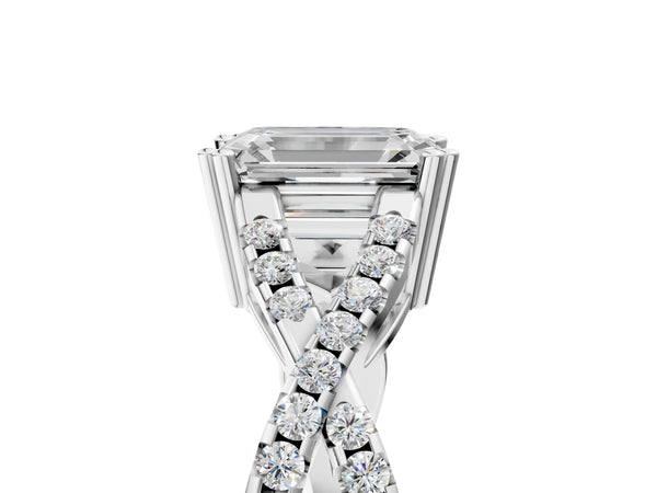 White gold Emerald Solitaire Twist Band with Pavé Setting and Four-Prong Setting_65