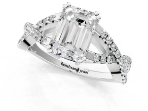 White gold Emerald Solitaire Twist Band with Pavé Setting and Four-Prong Setting_67