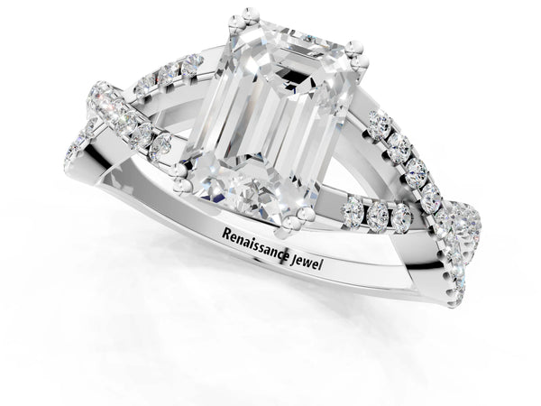 White gold Emerald Solitaire Twist Band with Pavé Setting and Four-Prong Setting_67