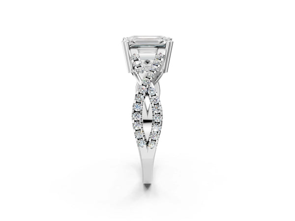White gold Emerald Solitaire Twist Band with Pavé Setting and Four-Prong Setting_68