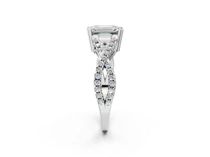 White gold Emerald Solitaire Twist Band with Pavé Setting and Four-Prong Setting_68