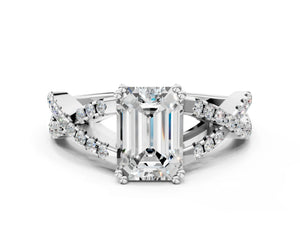 White gold Emerald Solitaire Twist Band with Pavé Setting and Four-Prong Setting_72