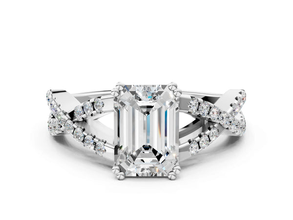 White gold Emerald Solitaire Twist Band with Pavé Setting and Four-Prong Setting_78