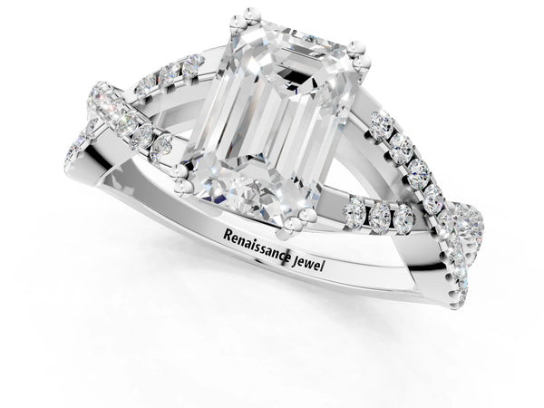 White gold Emerald Solitaire Twist Band with Pavé Setting and Four-Prong Setting_79