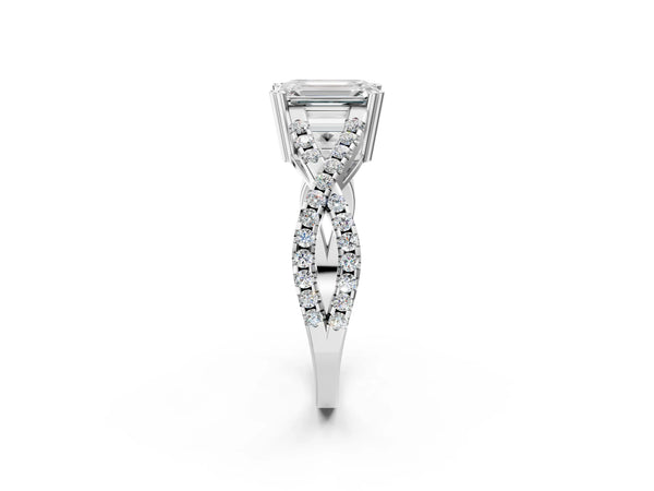 White gold Emerald Solitaire Twist Band with Pavé Setting and Four-Prong Setting_92