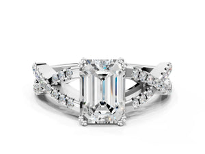 White gold Emerald Solitaire Twist Band with Pavé Setting and Four-Prong Setting_96